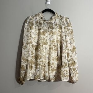 Greige Women’s Whimsical Romantic Floral Bird Pattern Lined Fairycore Blouse L